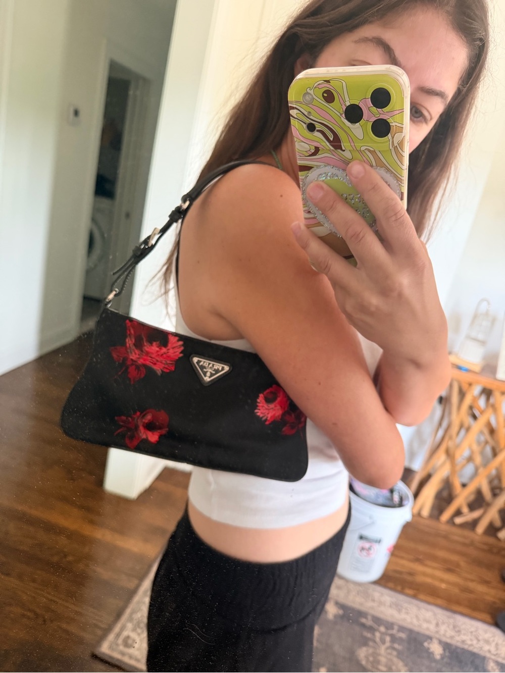 Prada Black Nylon Shoulder Bag with Red Floral Prit - Picture 5 of 7
